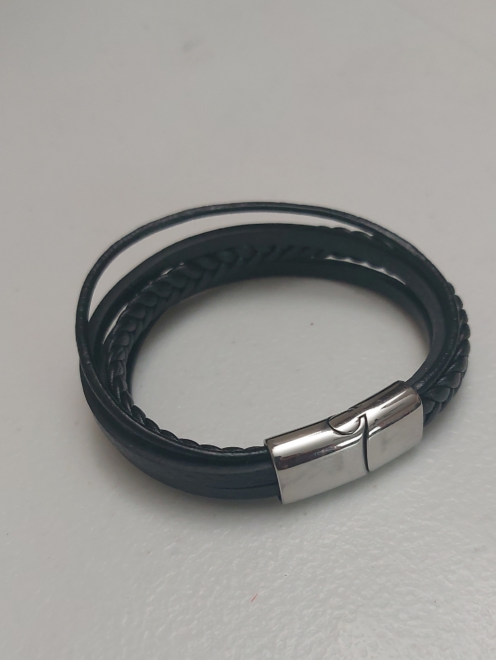 Grayden Black Multistrand Faux Leather Bracelet With Silver Tone Magnetic Clasp